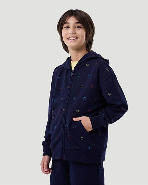 Boy's Printed Zip Hoodie - Navy